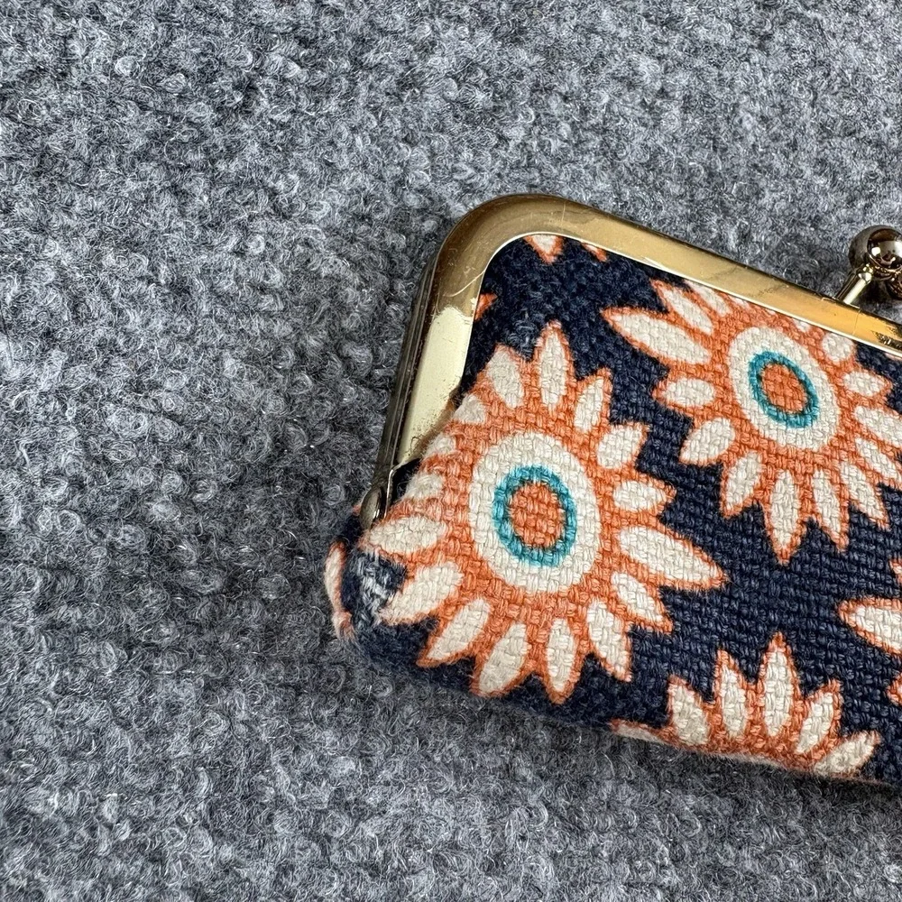 Spartina 449 Eyeglass Case Floral Linen Leather Clamshell Kiss Lock Navy Orange